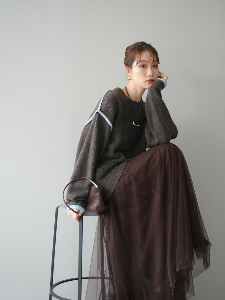 [予約]バイカラーパイピングニットプルオーバー/brown