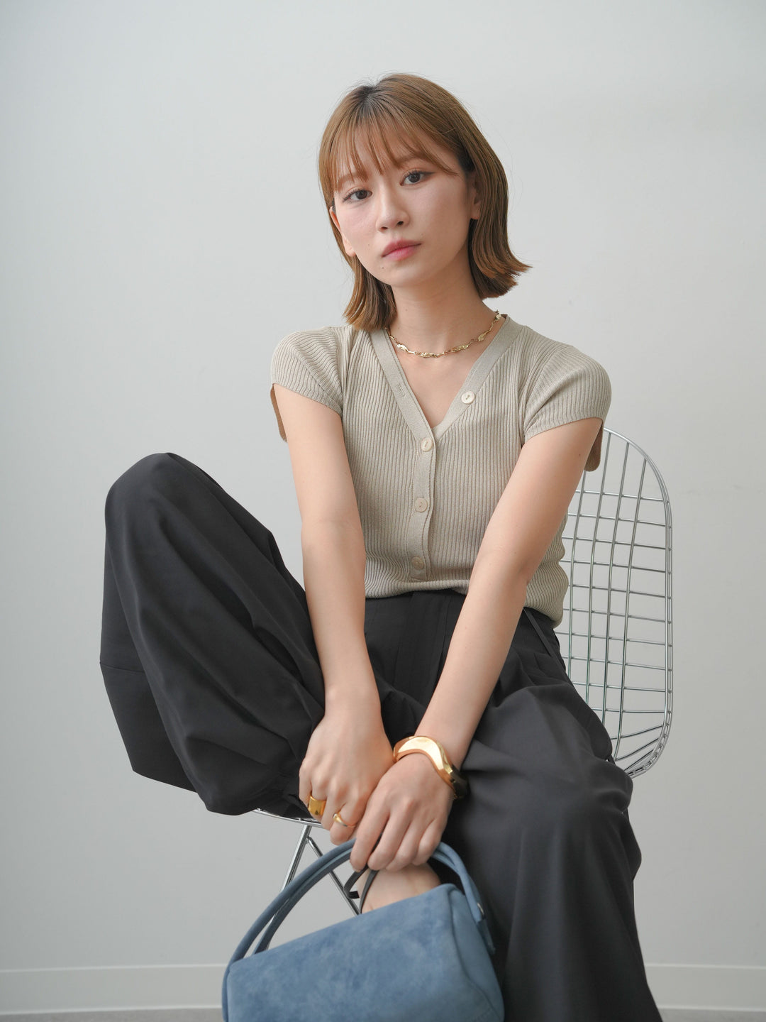 [予約]ネックレイヤードヘンリーVネックリブニットトップス/beige