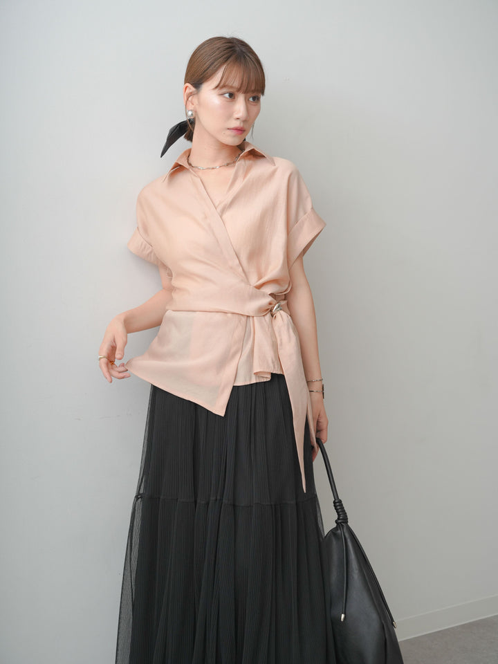 【套裝】金屬圖案裹身式不對稱短袖上衣+薄紗蕾絲裙（兩件套裝）