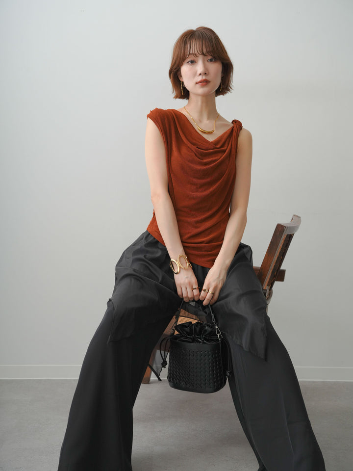 [予約]ツイストショルダーアシメドレープトップス/brown