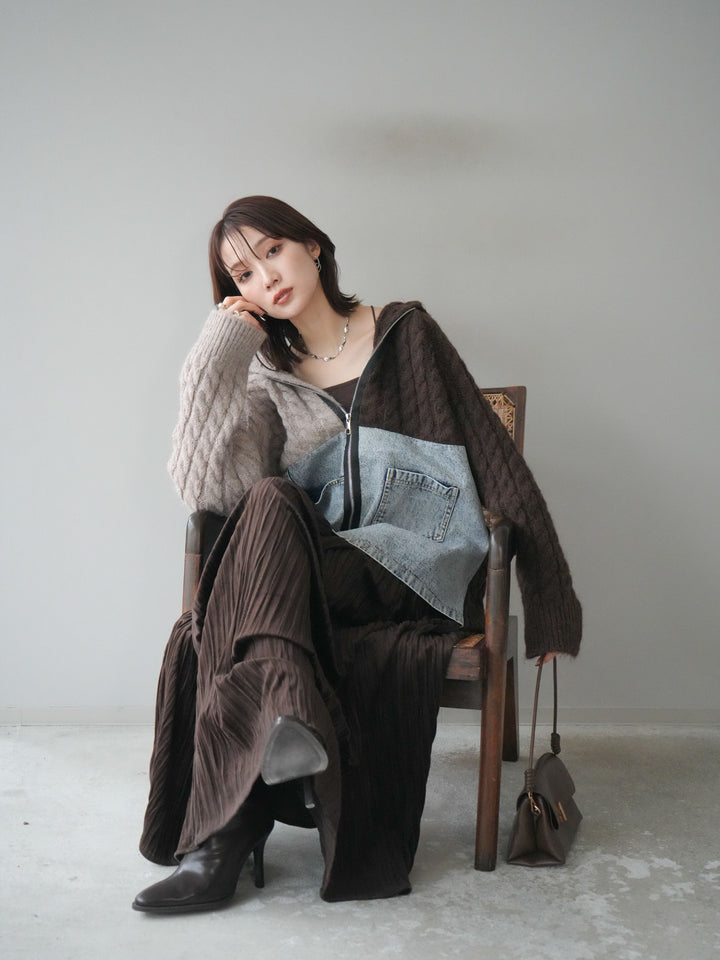 [予約]デニム×バイカラーニットZIPフーディ/brown