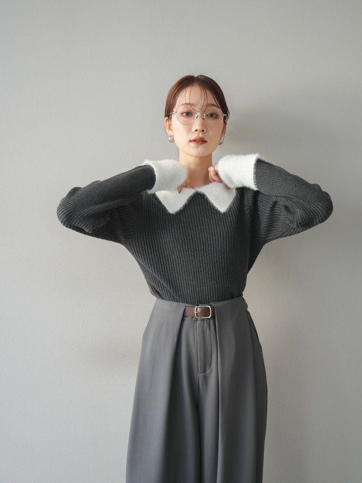 [SET]シャギー襟リブニットトップス+ベルトループデザインワイドパンツ(2set)