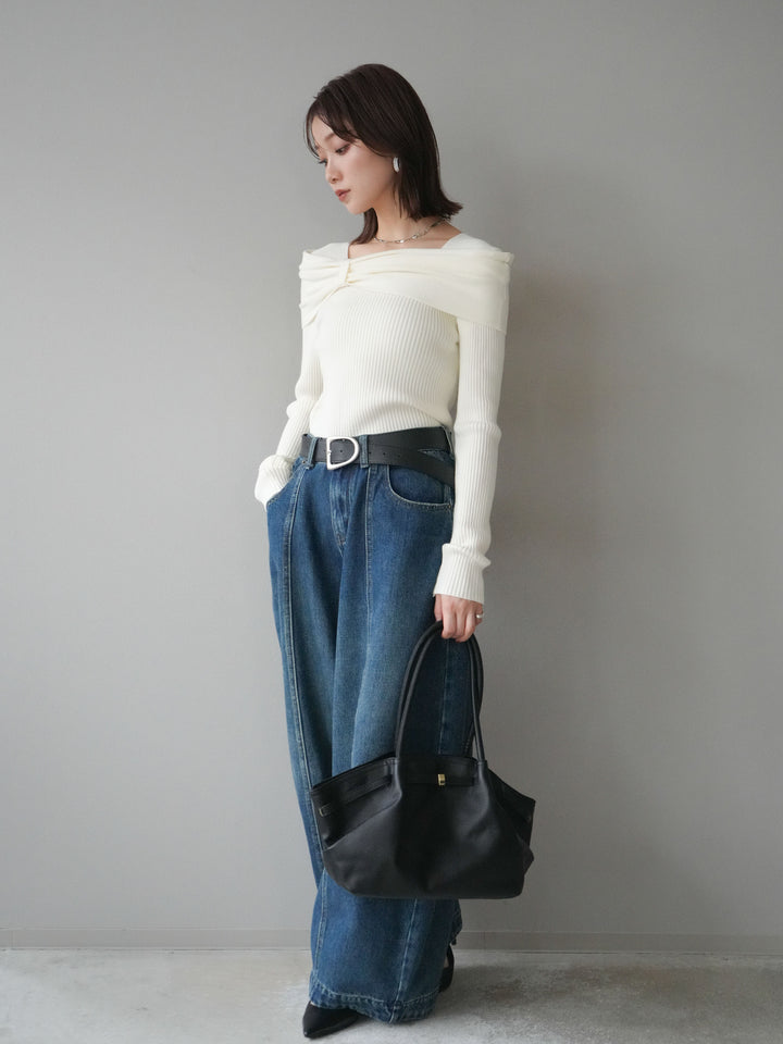 [予約]リボンモチーフオフショルリブニットトップス/white