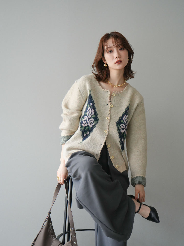 [予約]アンティークフラワージャガードニットカーディガン/ivory