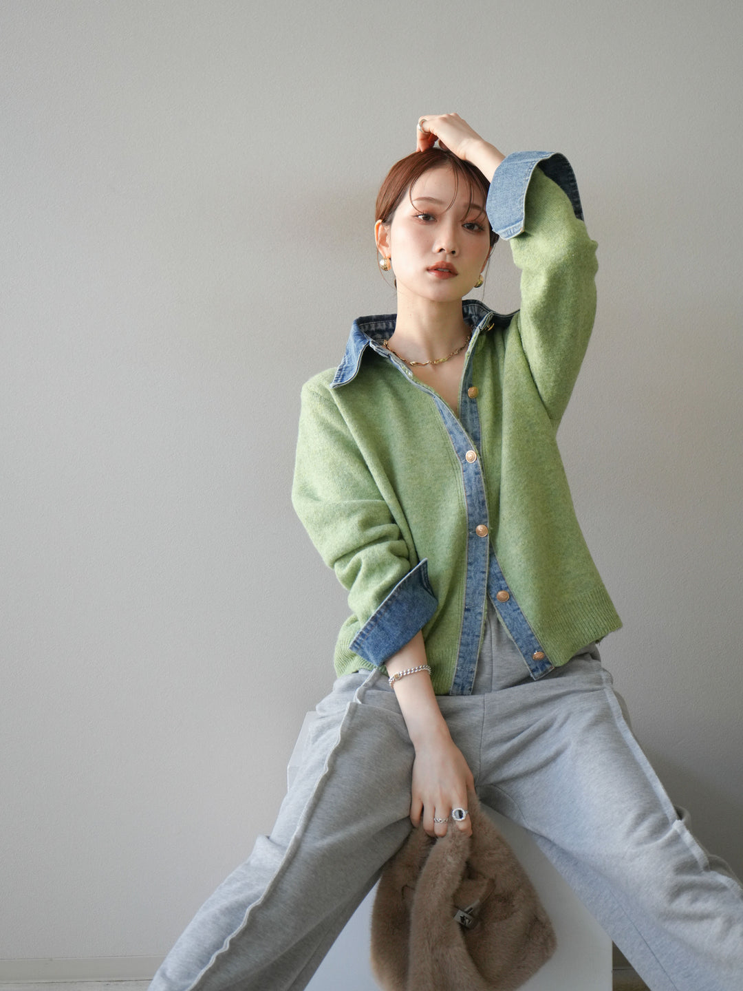 [予約]デニム襟ボタンニットカーディガン/pistachio