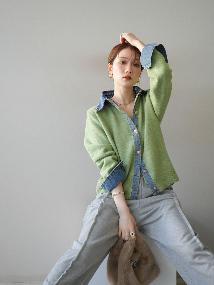 [予約]デニム襟ボタンニットカーディガン/pistachio