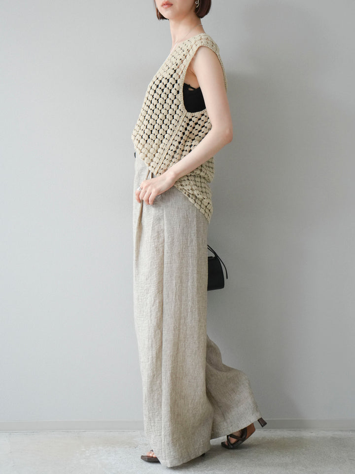 [予約]リネンライクベルト付タックループワイドパンツ/ベージュ