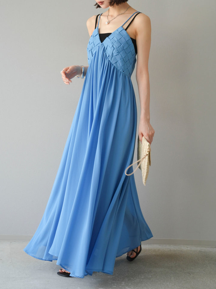 [SET]編み込みデザインシフォンワンピース+カップ付テレコリブベアキャミソール(2set)