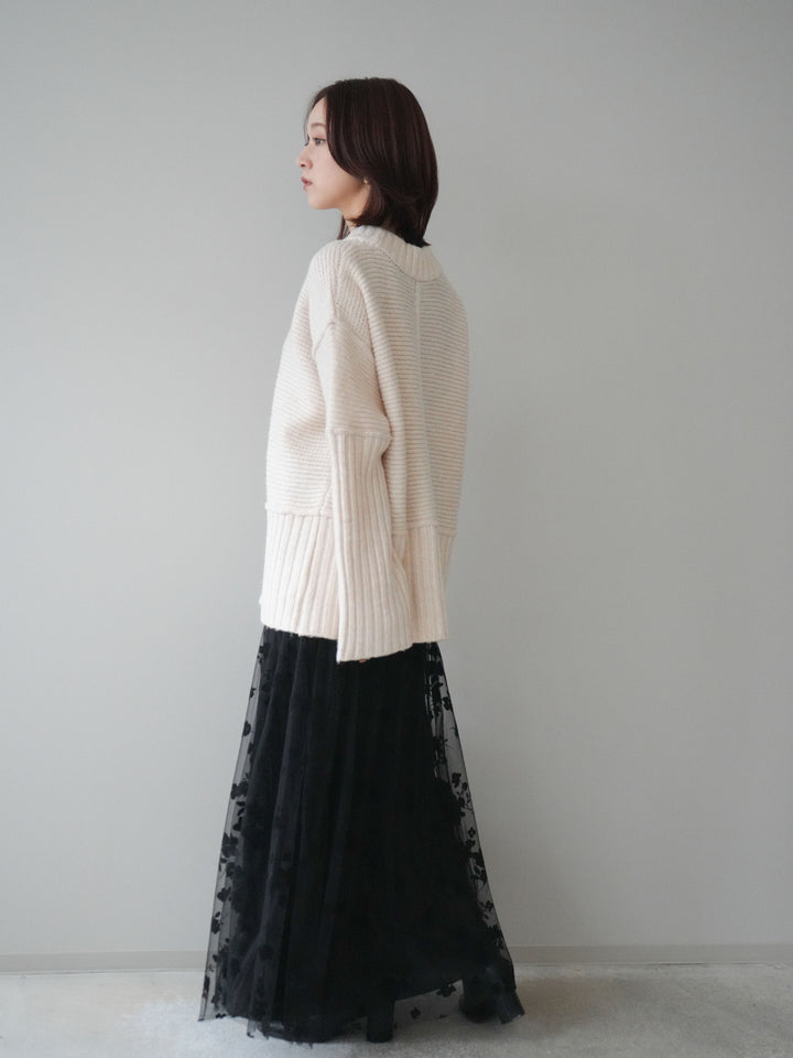 [SET]編み地切替ボトルネックニットプルオーバー+フラワーフロッキーチュールプリーツスカート(2set)