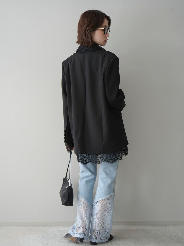 [予約]レース切替フレアデニムパンツ/bleach