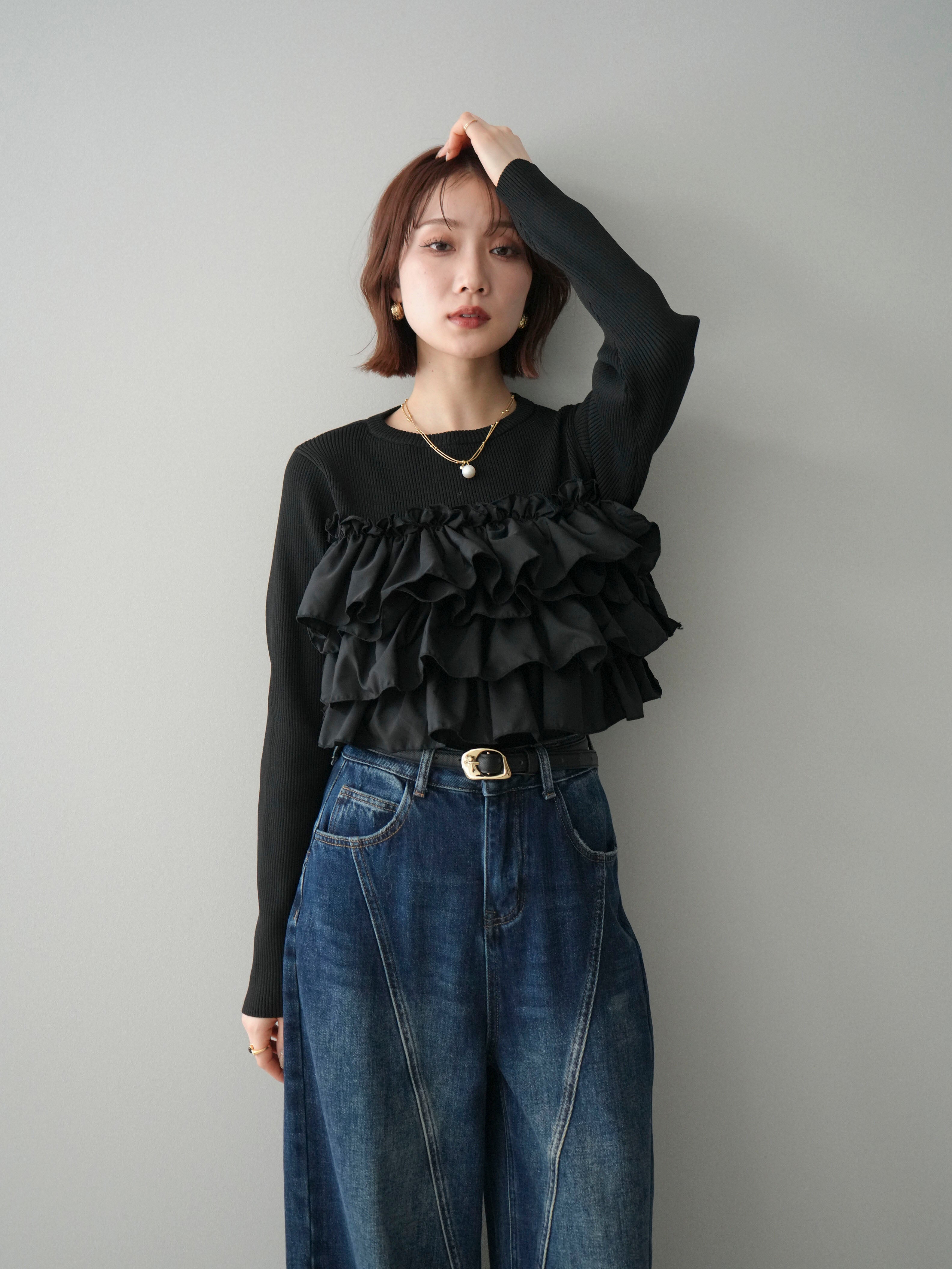 新品　Zone Bleue Paris ニット　黒　裾フリル　リボン 予約]フリルビスチェドッキングスポンジニットプルオーバー/black – Lumier
