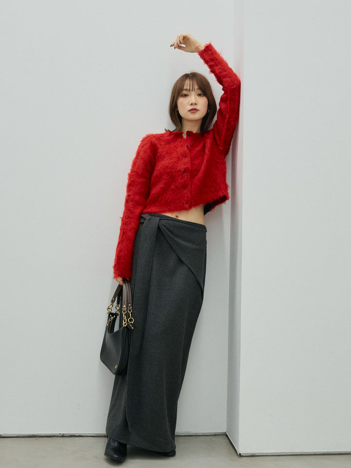 【Allure】[SET]モヘアタッチクロップドニットプルオーバー+ウールタッチウエスト巻きスカート(2set)