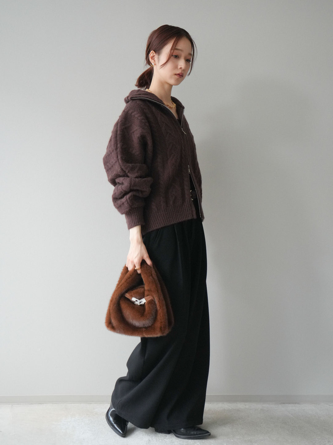 [SET]ケーブル編みハイネックZIPニットカーディガン+アニマル柄ベルト付きウールタッチワイドパンツ(2set)