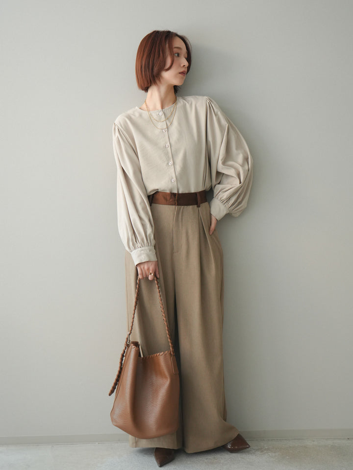 [予約]サテンベルトタックワイドパンツ/beige