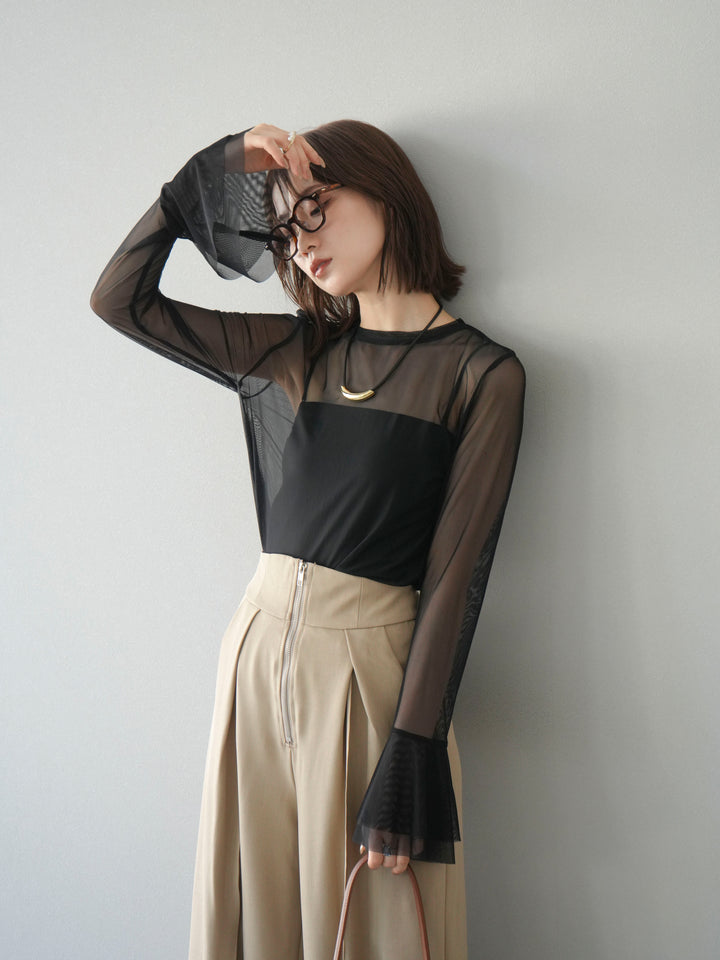 [予約]フレアロングスリーブパワーメッシュトップス/ブラック