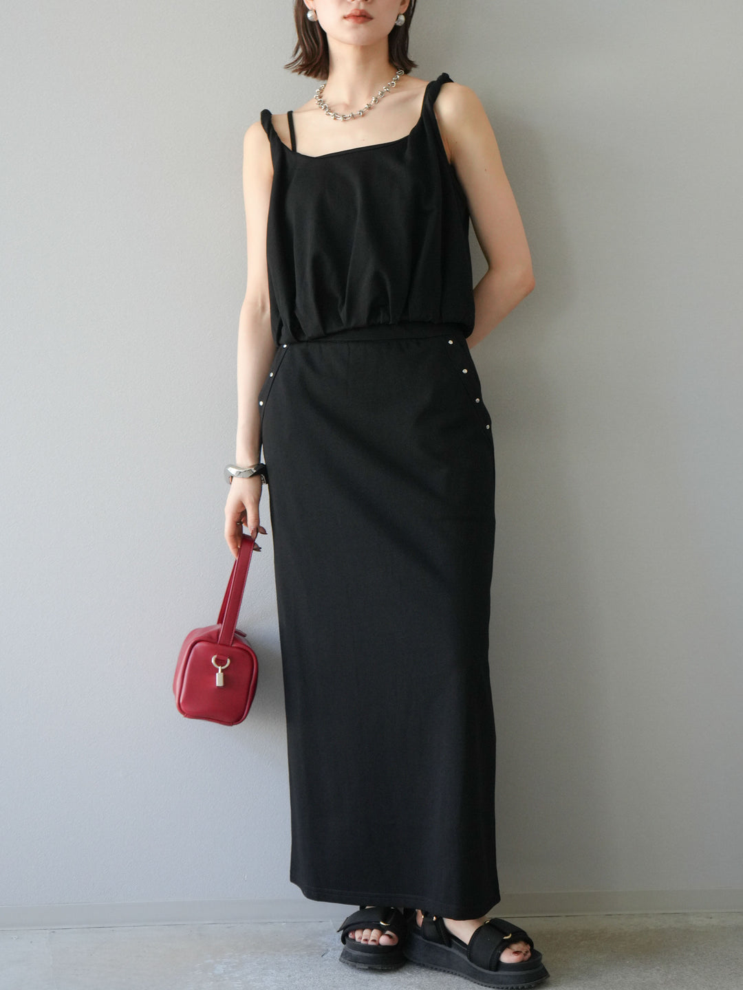 [SET]ミニ裏毛ツイストキャミバルーントップス＆Iラインスカート(2set)