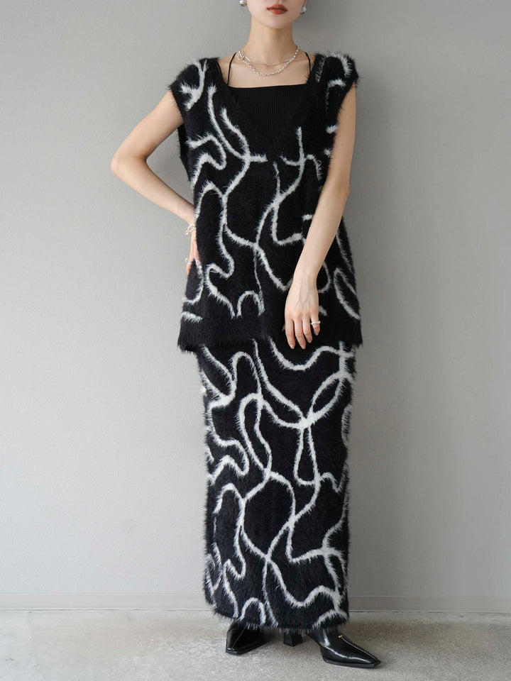 [SET] 線狀毛絨針織背心 + 線狀毛絨針織裙 (2套)