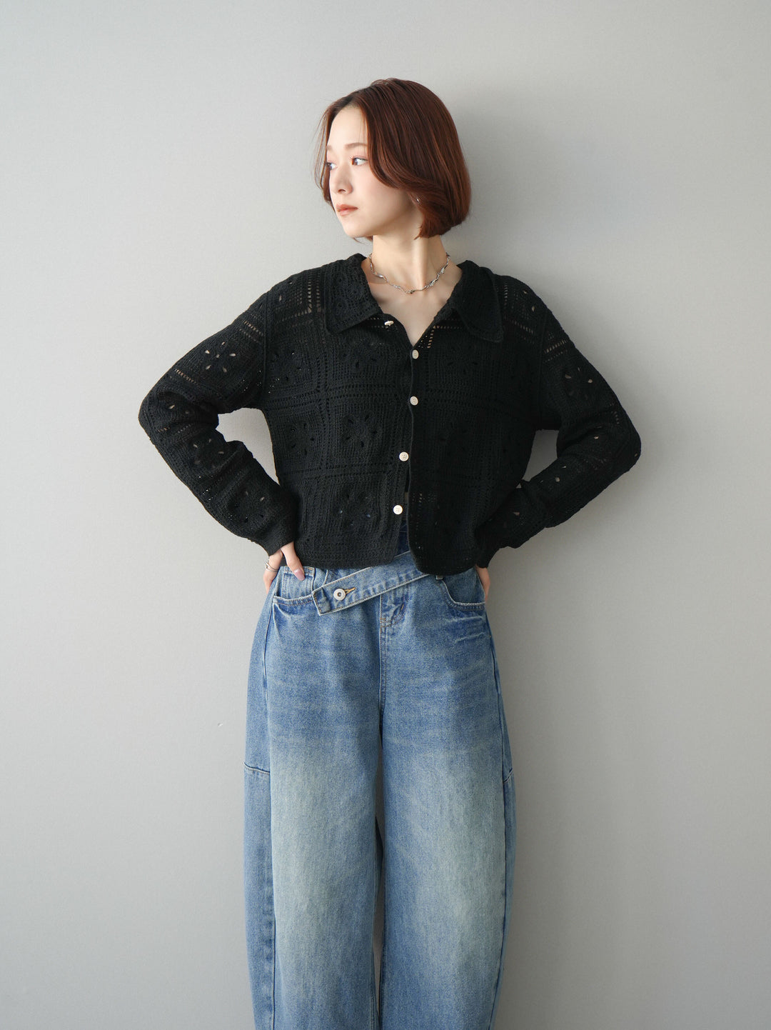 [SET]パッチワーククロシェニットカーディガン+アシメデザインワイドデニムパンツ(2set)