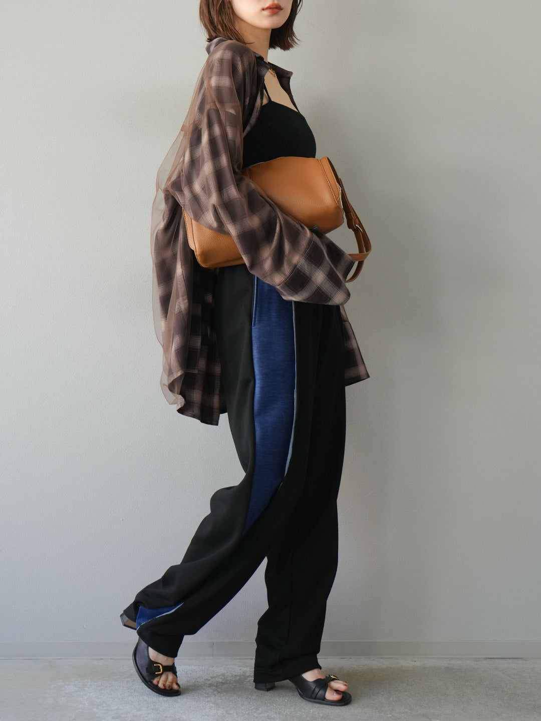 [套裝] 薄紗對接格紋寬鬆襯衫 + 牛仔布 Switch 2-Way 設計運動褲 (2 套)