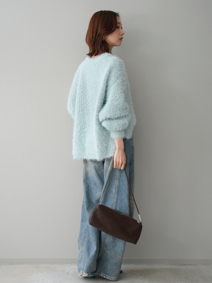 [SET]ボリュームスリーブシャギー MIXニットプルオーバー+ベルト付カーブデニムパンツ(2set)