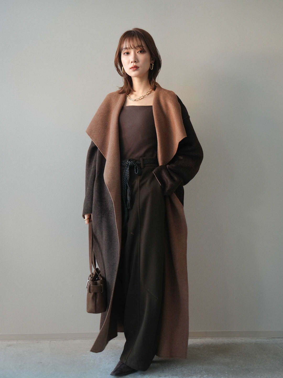 [予約]ベルト付裏起毛センターシームカーブパンツ/brown