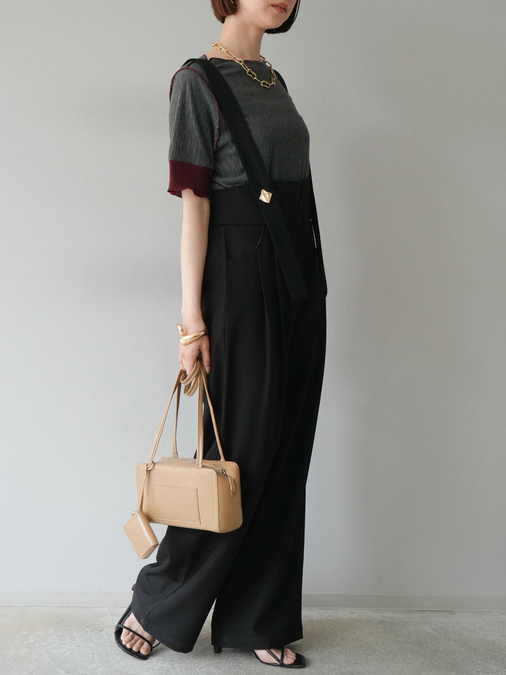 [SET]プリーツ配色ボートネックプルオーバー+ゴールドボタンサスペンダーワイドパンツ(2set)