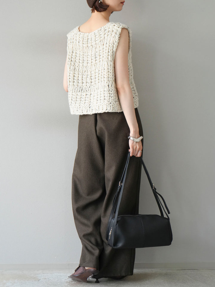 [予約]レザーパイピングタックワイドパンツ/ブラウン