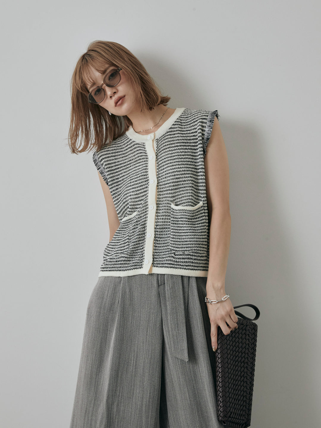 [予約]ボーダー袖フリンジニットベスト/オフ