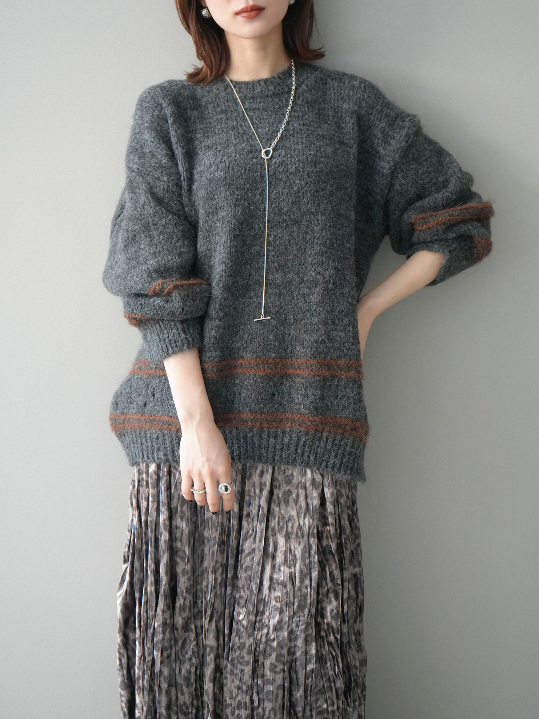 [予約]クルーネックラインボーダーニットプルオーバー/gray