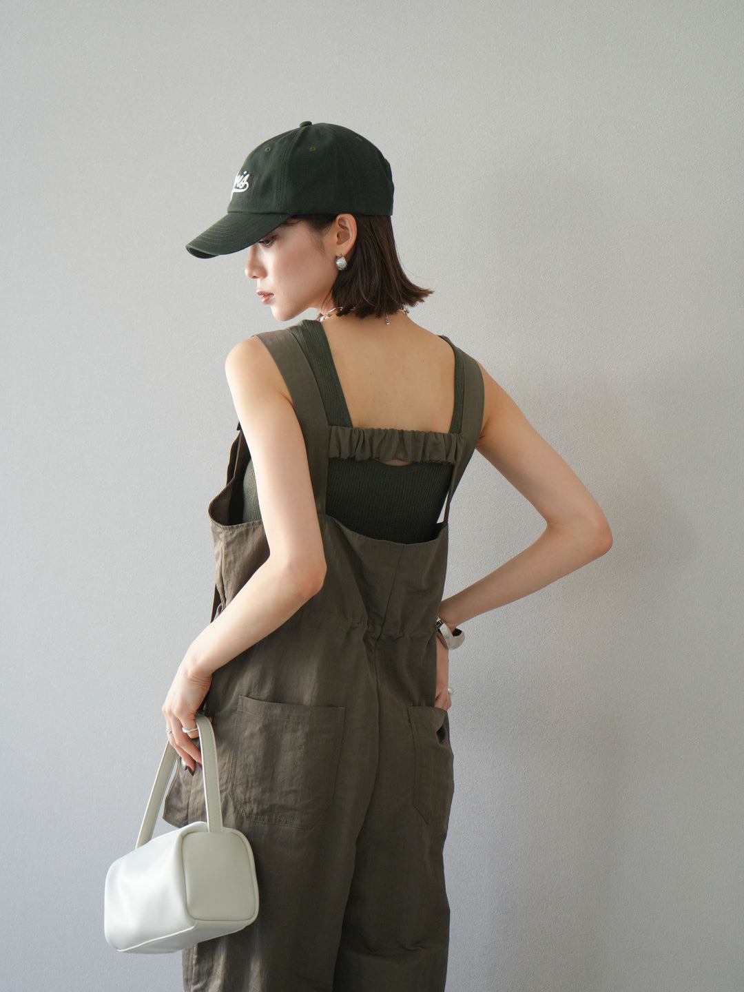 [予約]ナイロンタックデザインサロペット/カーキ