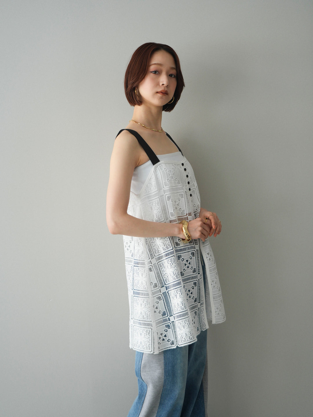 [SET]配色パネルレースキャミソール+デニム切替スウェットパンツ(2set)