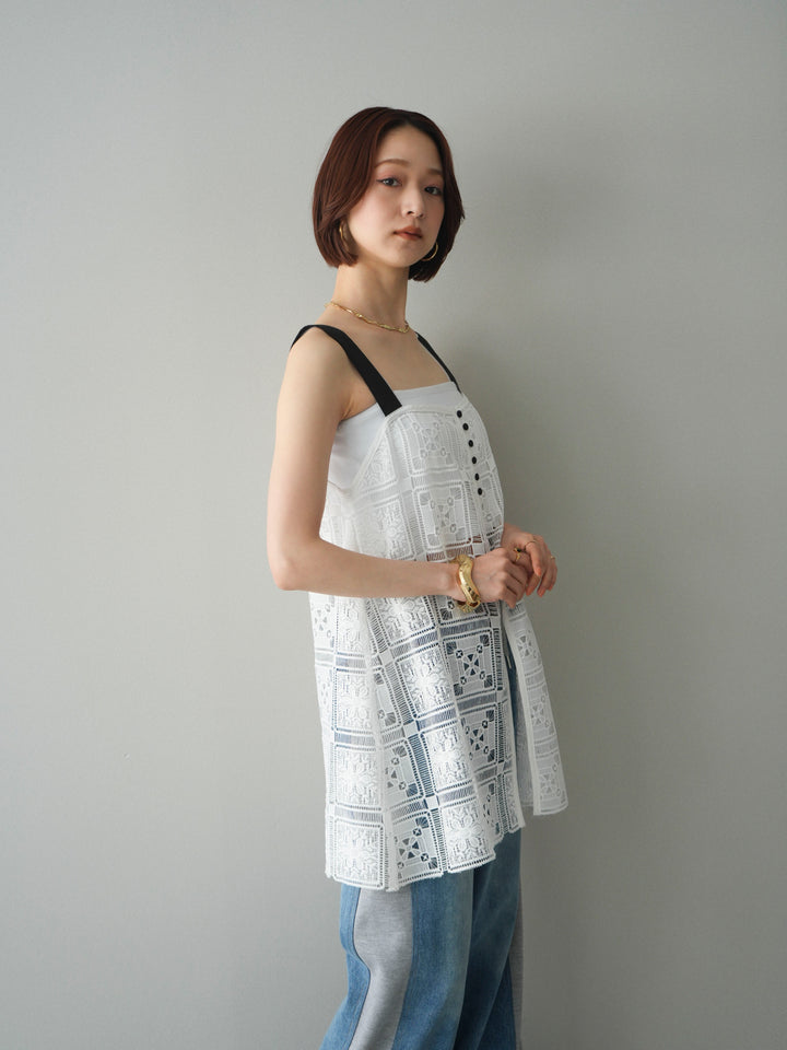 [SET]配色パネルレースキャミソール+デニム切替スウェットパンツ(2set)