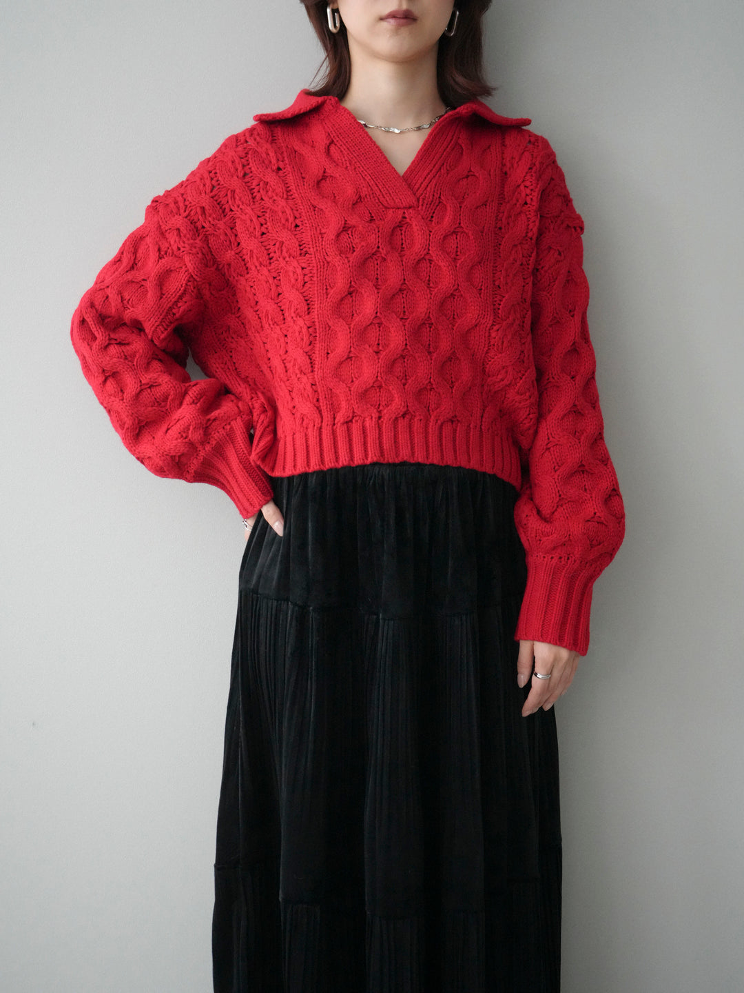 [SET]バルキーケーブルクロップド開襟プルオーバー+ベロアティアードワッシャースカート(2set)