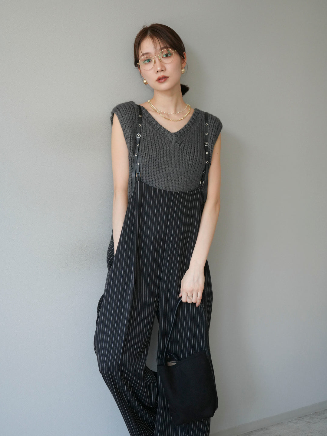 [予約]ヘリンボーンストライプサロペット/ブラック