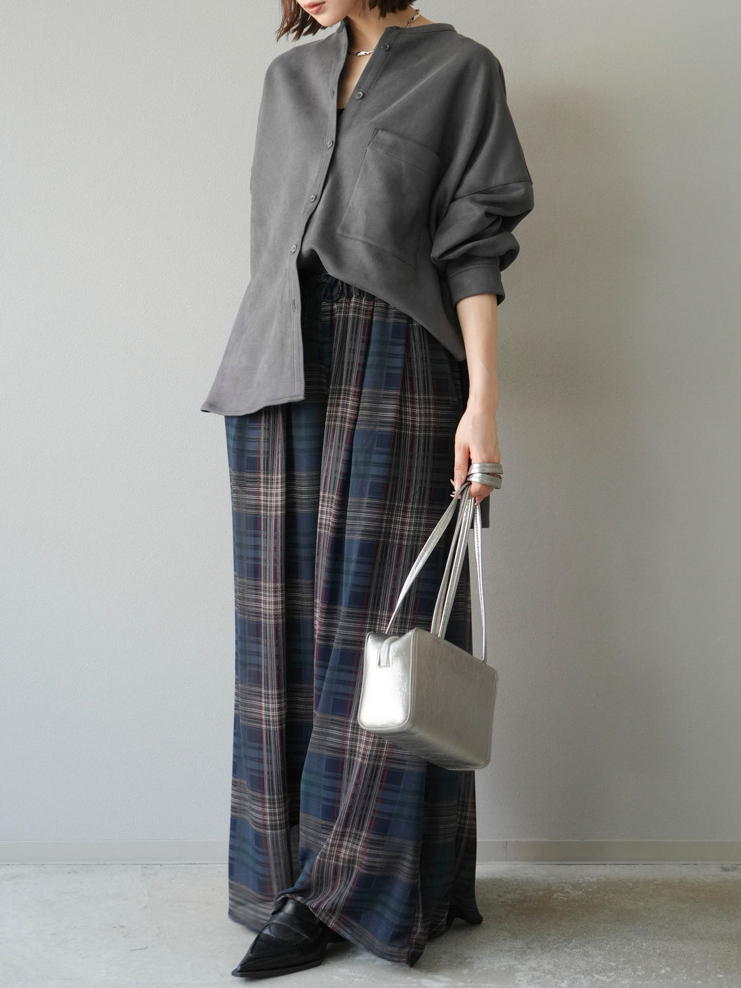 [SET]スエードバンドカラーオーバーシャツ+シアーチェックバギーパンツ(2set)