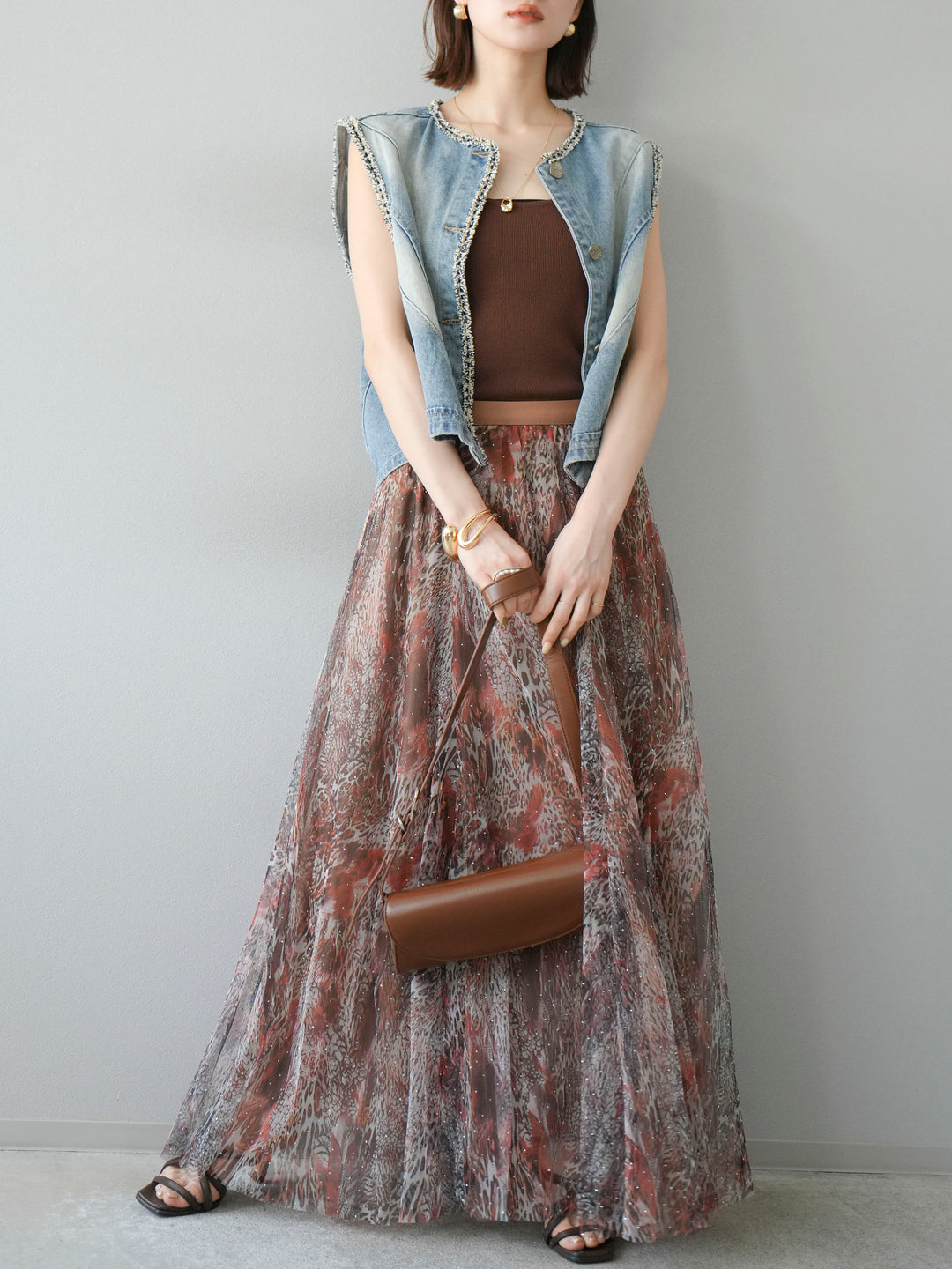 [予約]ニュアンス柄チュールレイヤードプリーツスカート/ブラウン