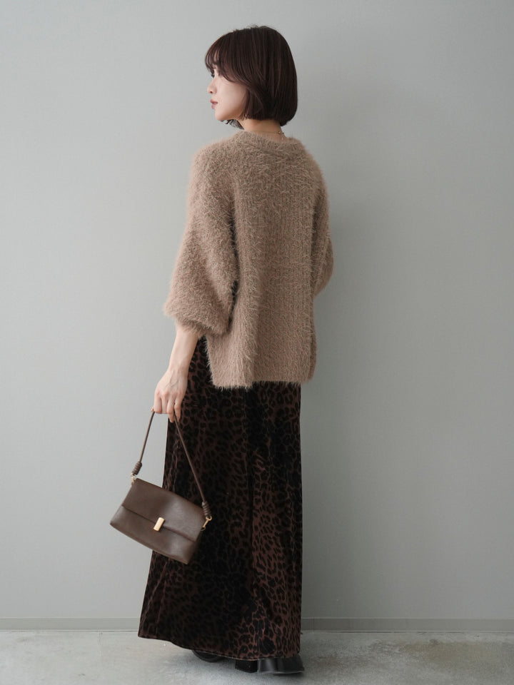 [SET]ボリュームスリーブシャギー MIXニットプルオーバー+レオパードベロアナロースカート(2set)