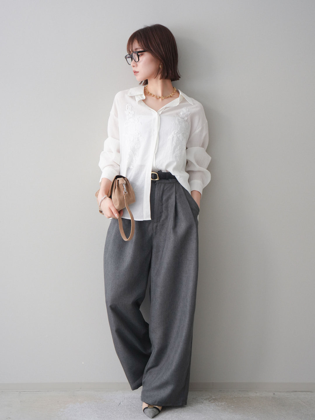 [予約]リネンライクタックワイドパンツ/charcoal