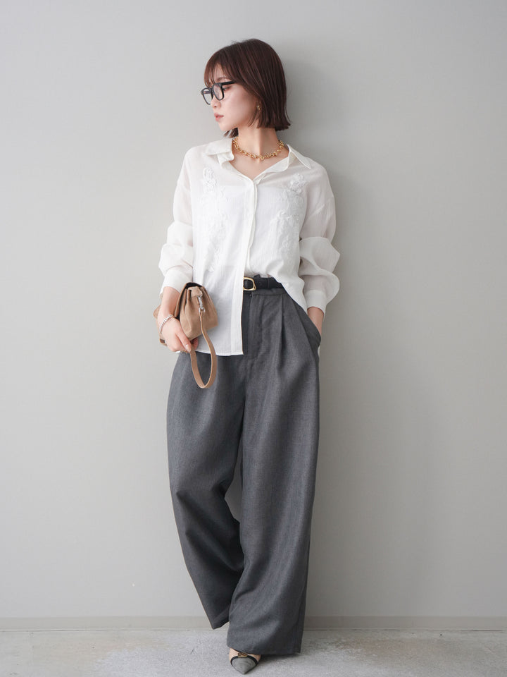 [予約]リネンライクタックワイドパンツ/charcoal