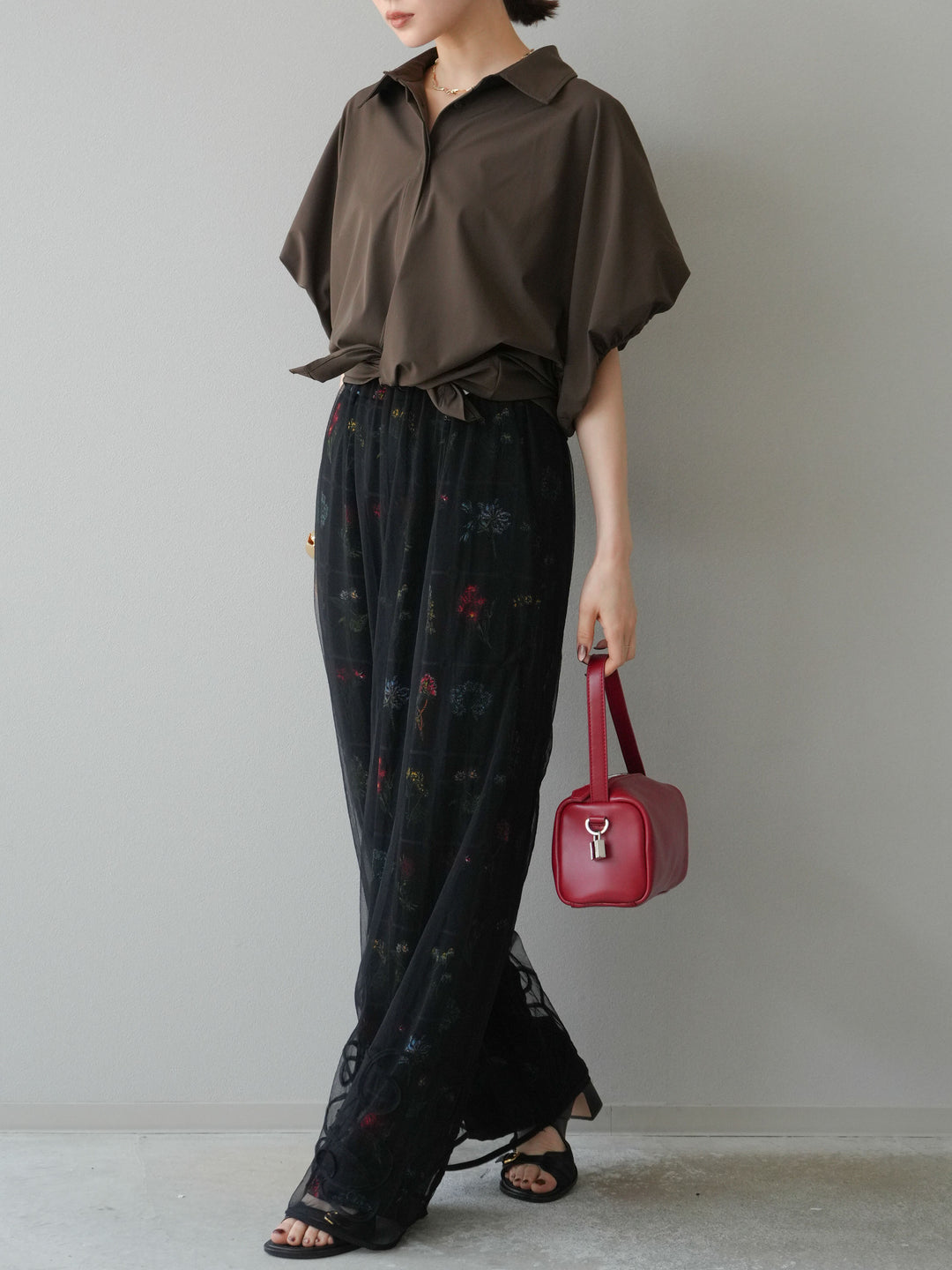 [予約]パッチワークフラワープリントイージーパンツ/ブラック