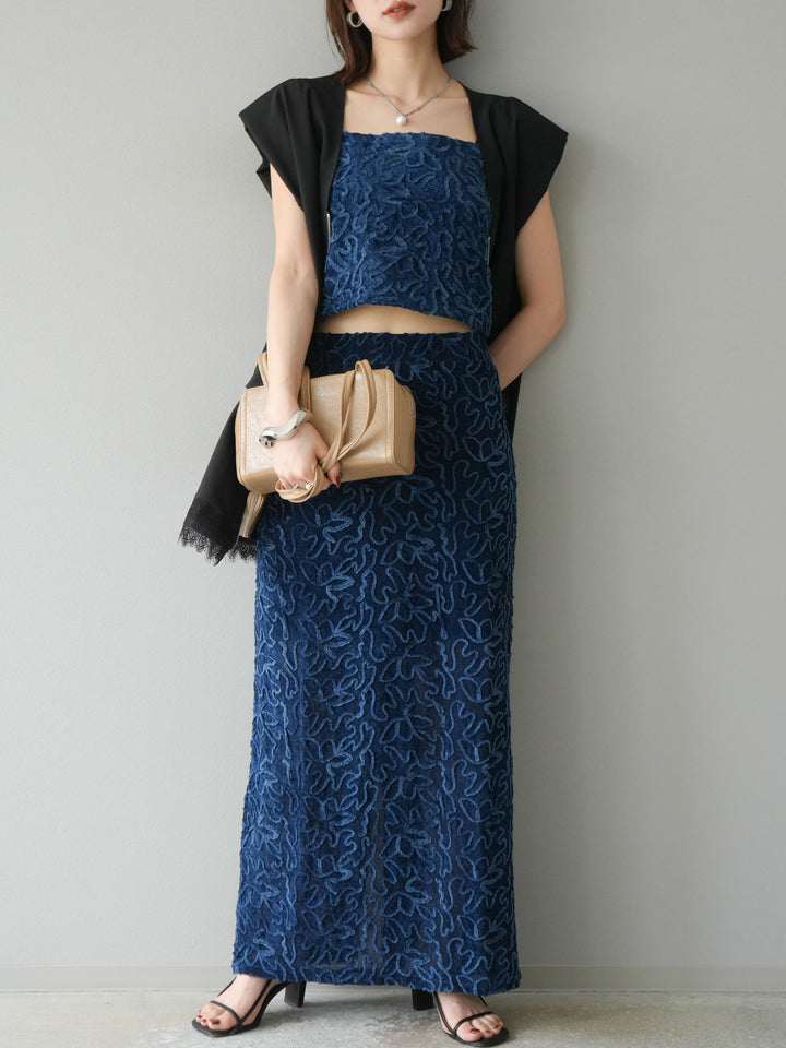 [予約]パイピングフラワーシアーベロアスカート/ネイビー