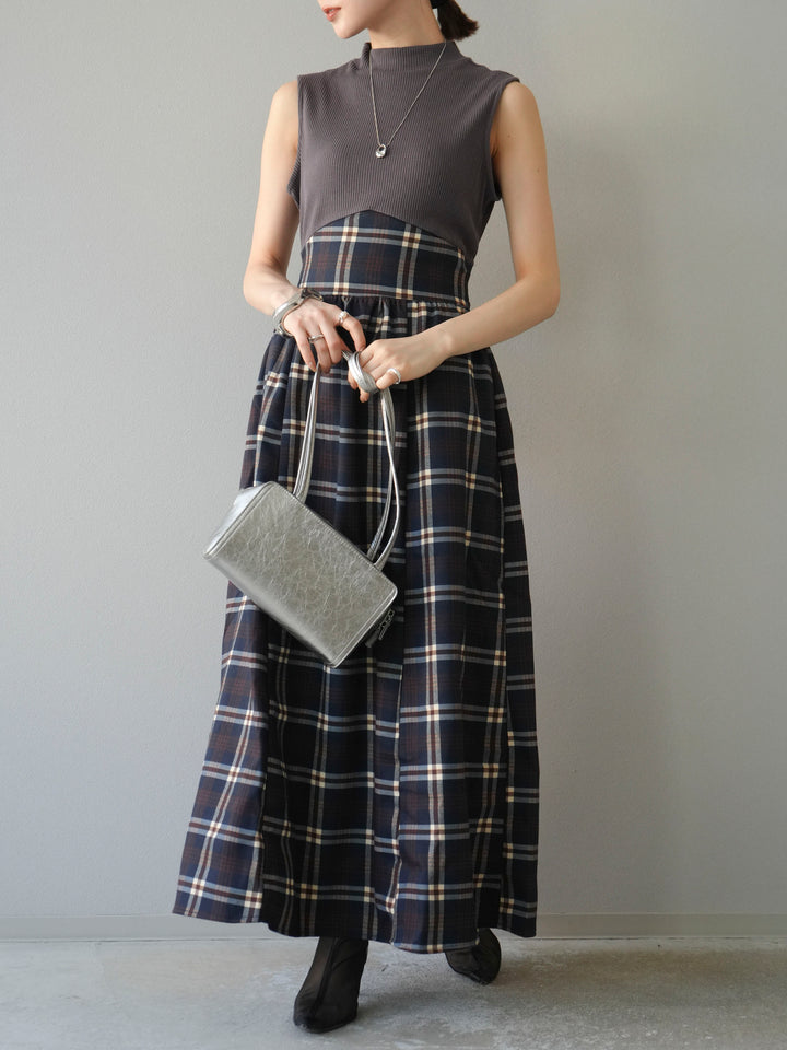 [予約]テレコ×チェックドッキングノースリワンピース/モカ×ネイビー