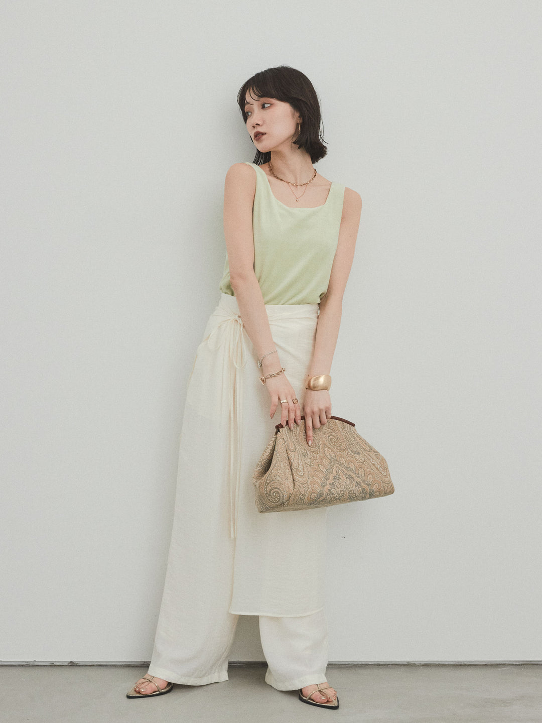 [予約]ワッシャーサテンレイヤードスカートパンツ/アイボリー