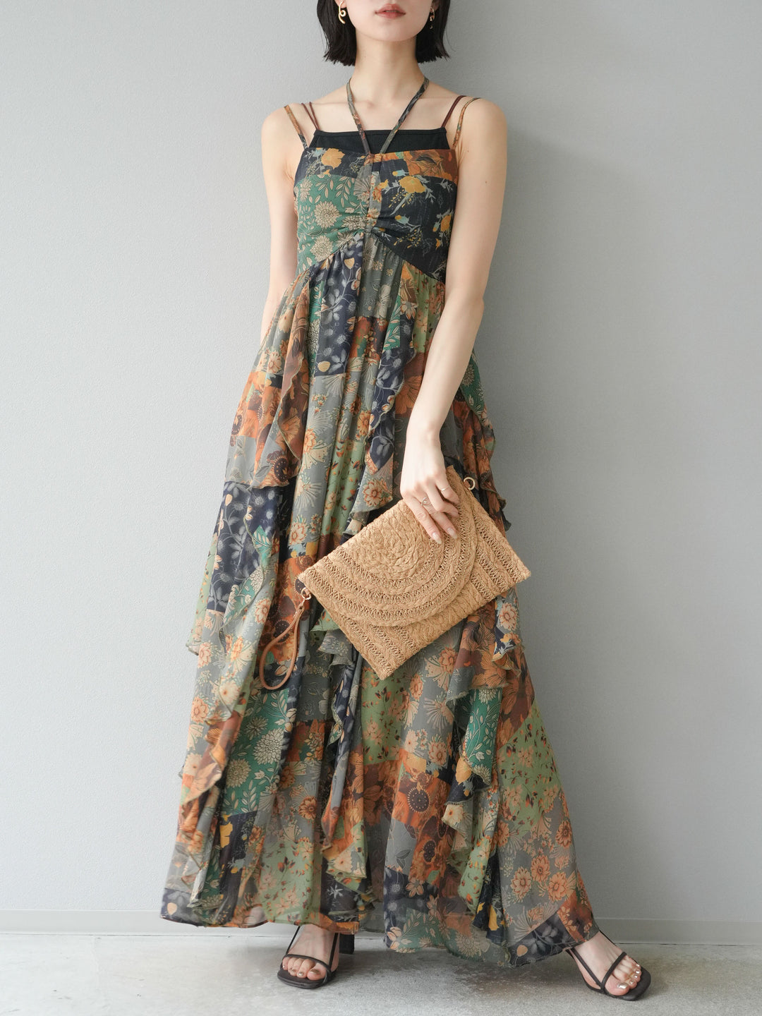 [預購] 拼布荷葉邊吊帶洋裝/混色