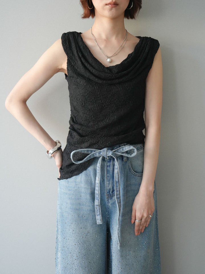 [予約]レースドレープネックアシメトップス/black