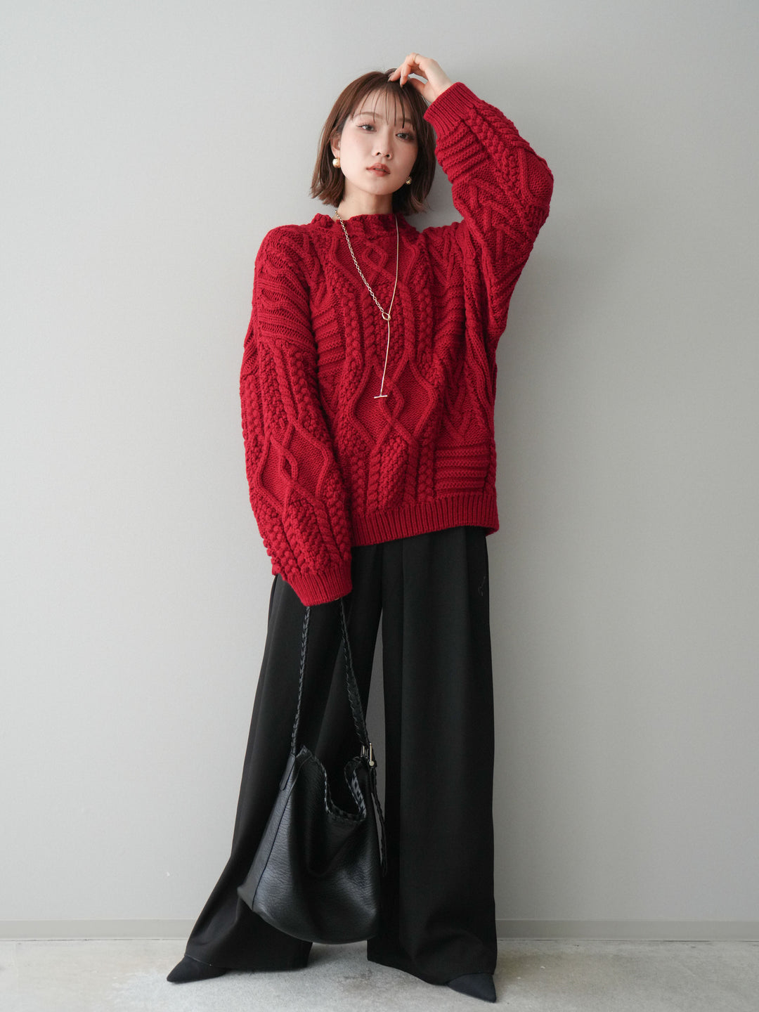 [SET]ケーブル編みモックネックニットプルオーバー+ベルトループデザインワイドパンツ(2set)