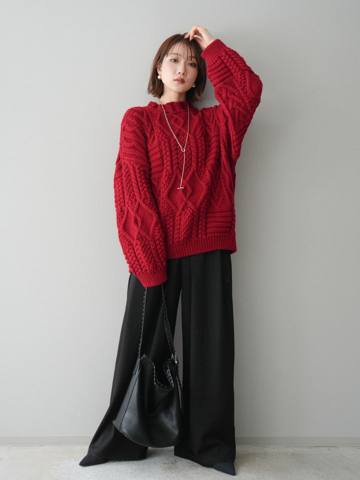 [SET]ケーブル編みモックネックニットプルオーバー+ベルトループデザインワイドパンツ(2set)