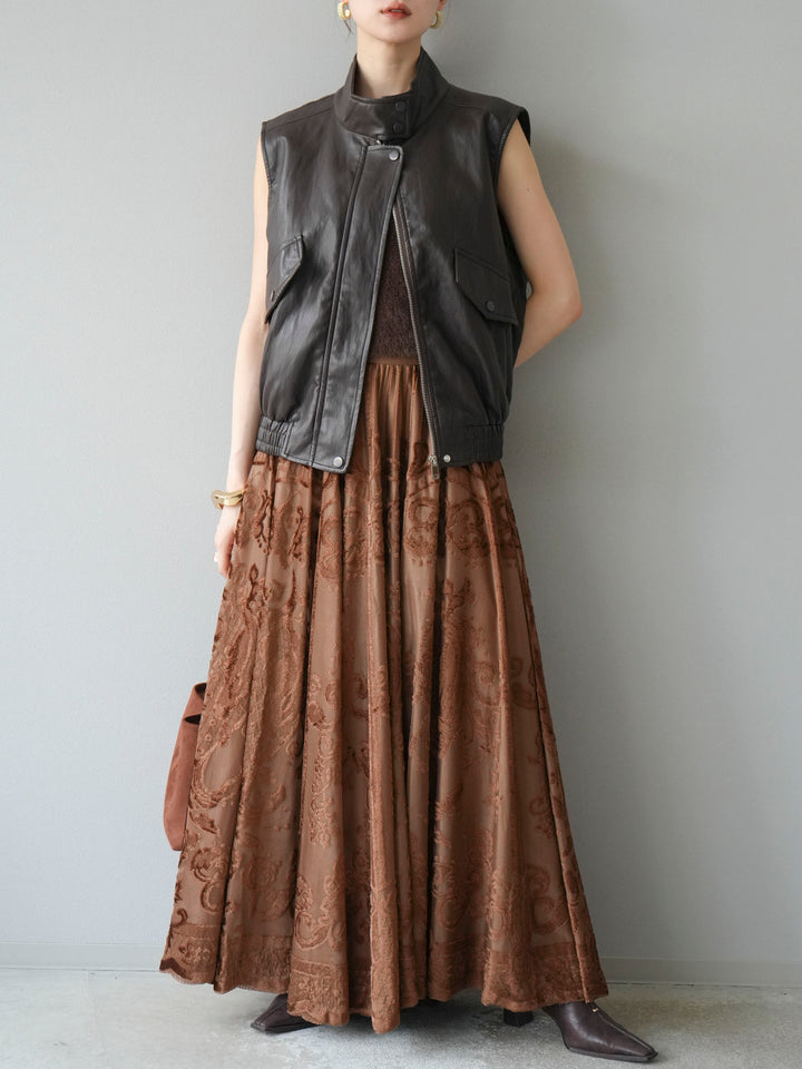 [予約]アンティーク柄フロッキーマキシスカート/ブラウン