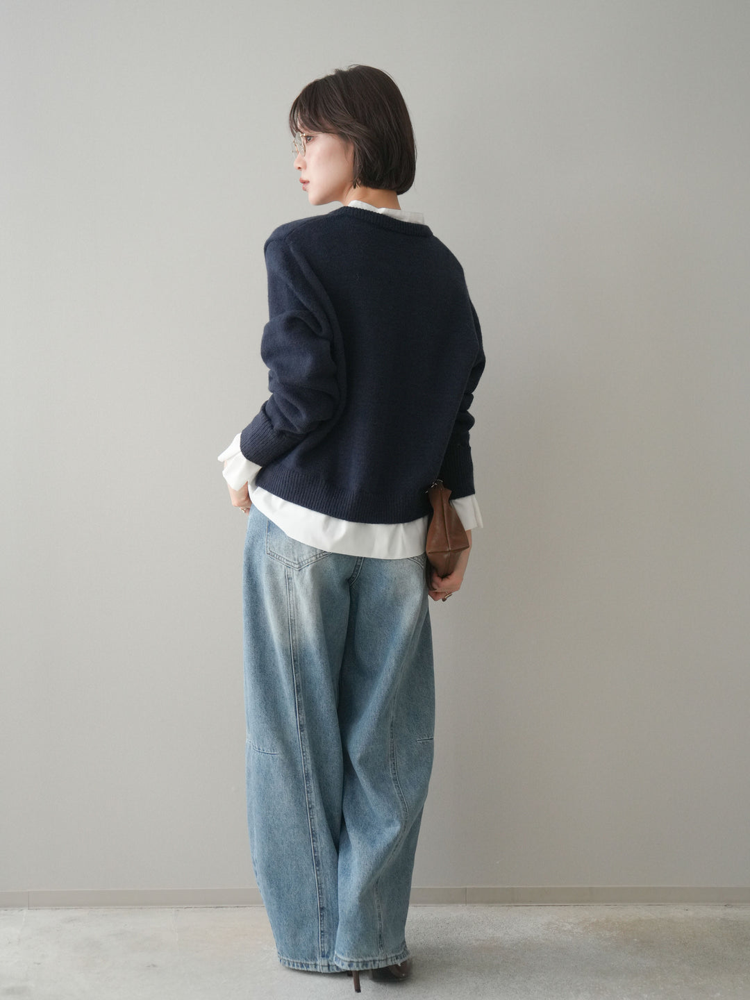 [SET]布帛ドッキングニットカーディガン+ガーメントウォッシュカーブデニムパンツ(2set)