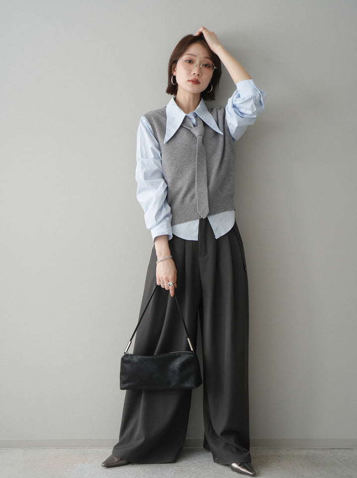 [予約]編み込みベルト付タックワイドパンツ/gray